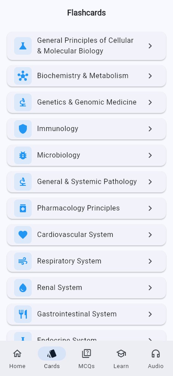 Flashcards organized by topic: General Principles of Cellular and Molecular Biology, Biochemistry and Metabolism, Genetics and Genomic Medicine, Immunology, Microbiology, General and Systemic Pathology, Pharmacology Principles, Cardiovascular, and more.
